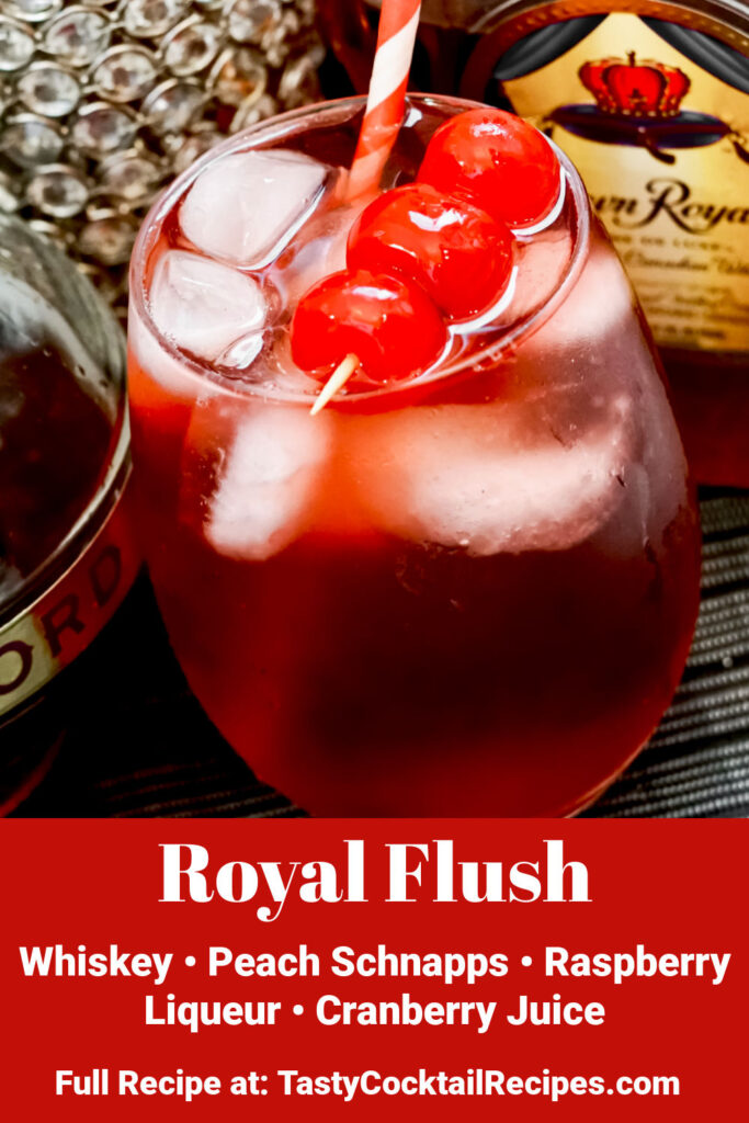 Royal Flush cocktail with ingredients listed as text overlay