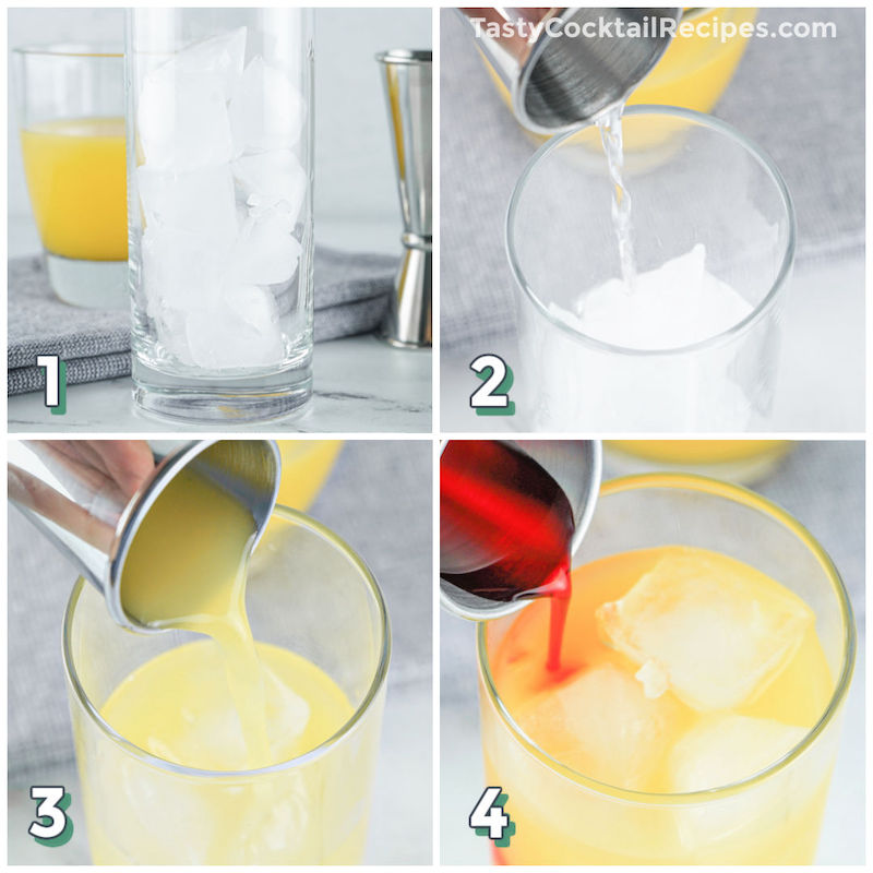 4 step photo collage showing how to make a tequila sunrise cocktail