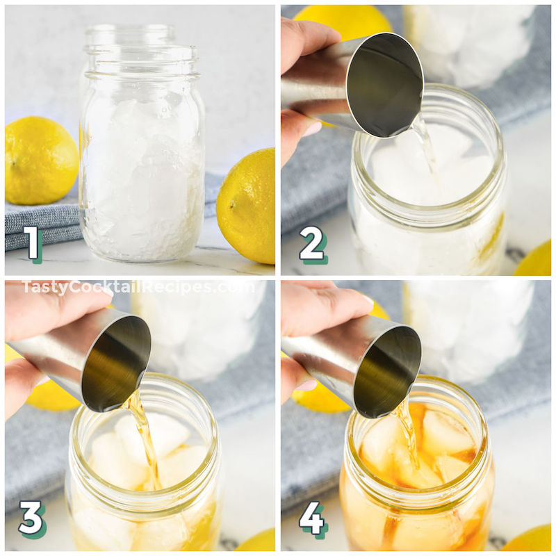 4 step photo collage showing how to make a spiked Arnold Palmer
