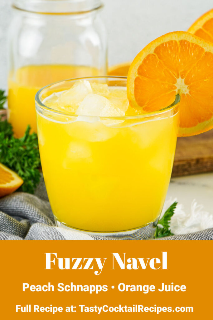 fuzzy navel drink, with text overlay of ingredients