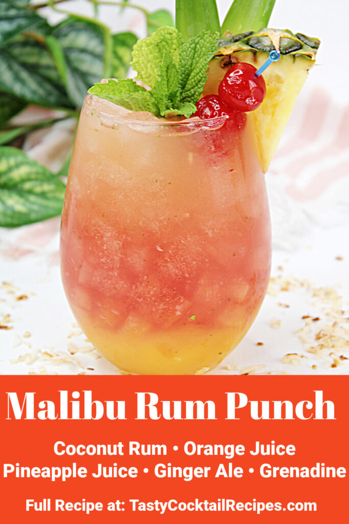 Malibu Rum Punch Pinterest Image, with text overlay of ingredients