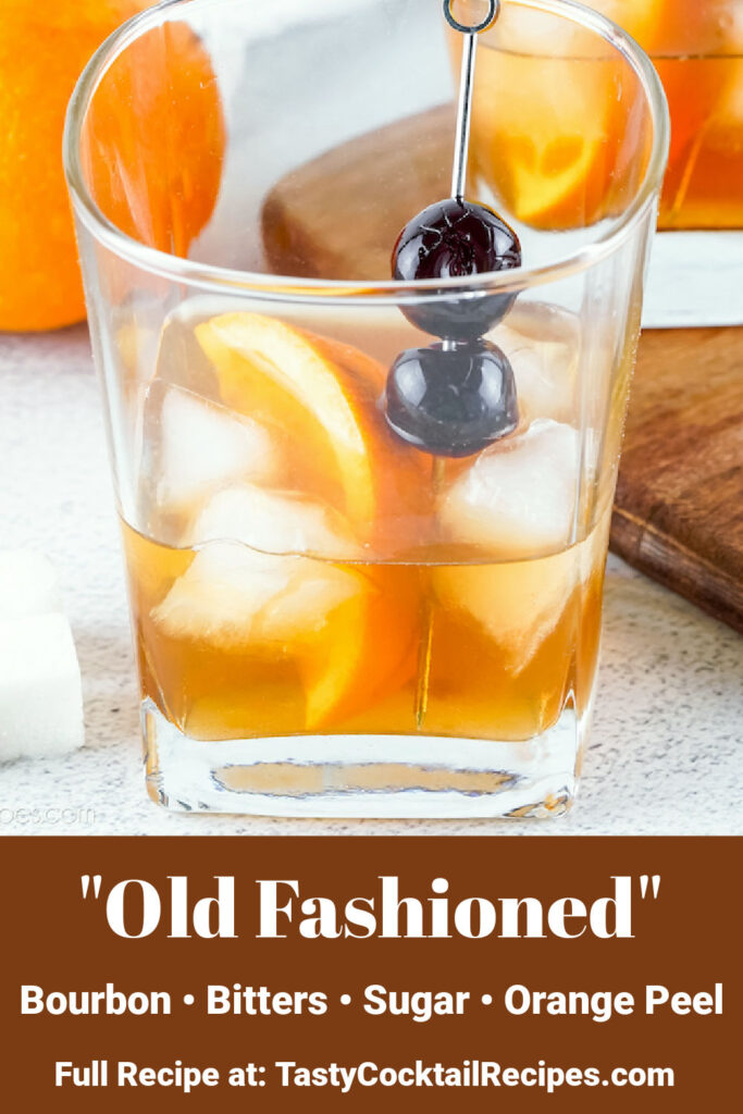 "Old Fashioned" cocktail with text overlay listing ingredients