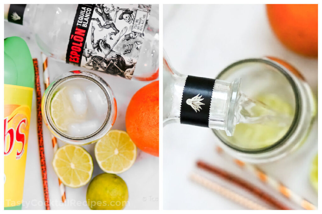 2 step photo collage showing how to make a paloma cocktail