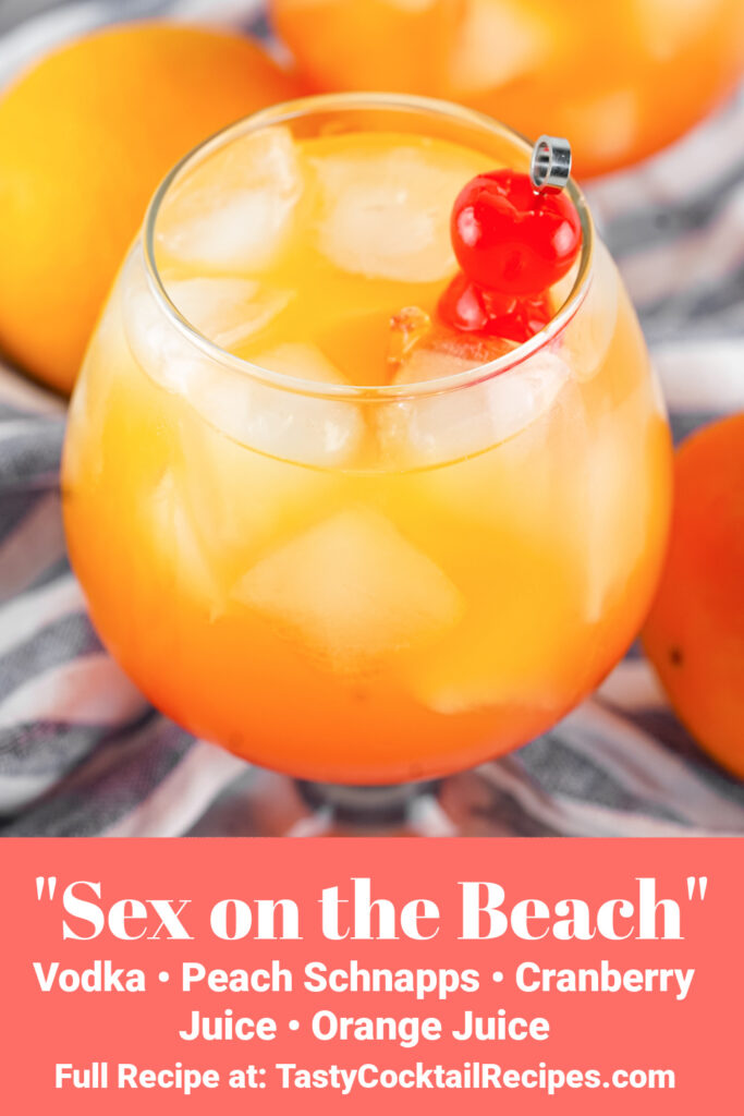 Sex on the beach coctail pinterest image, with ingredients listed