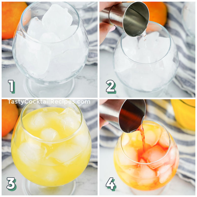 4 step photo collage showing how to make a Sex on the Beach cocktail