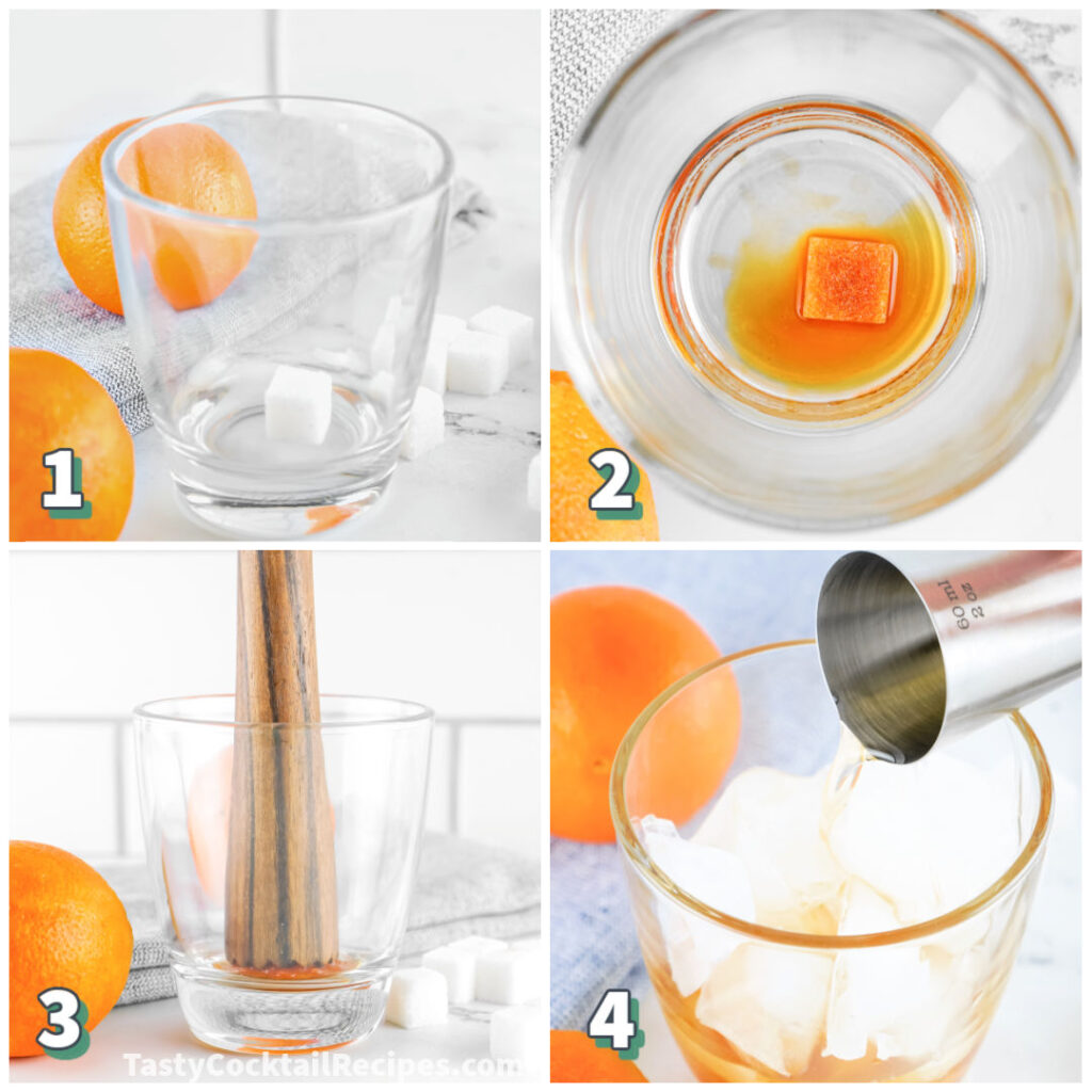 4 step photo collage showing how to make an Old Fashioned drink