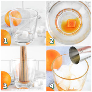 4 step photo collage showing how to make an old fashioned cocktail
