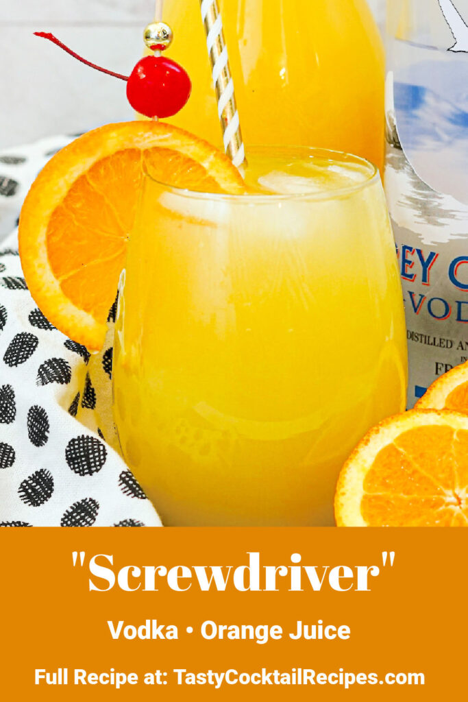 screwdriver cocktail, with text overlay of ingredients