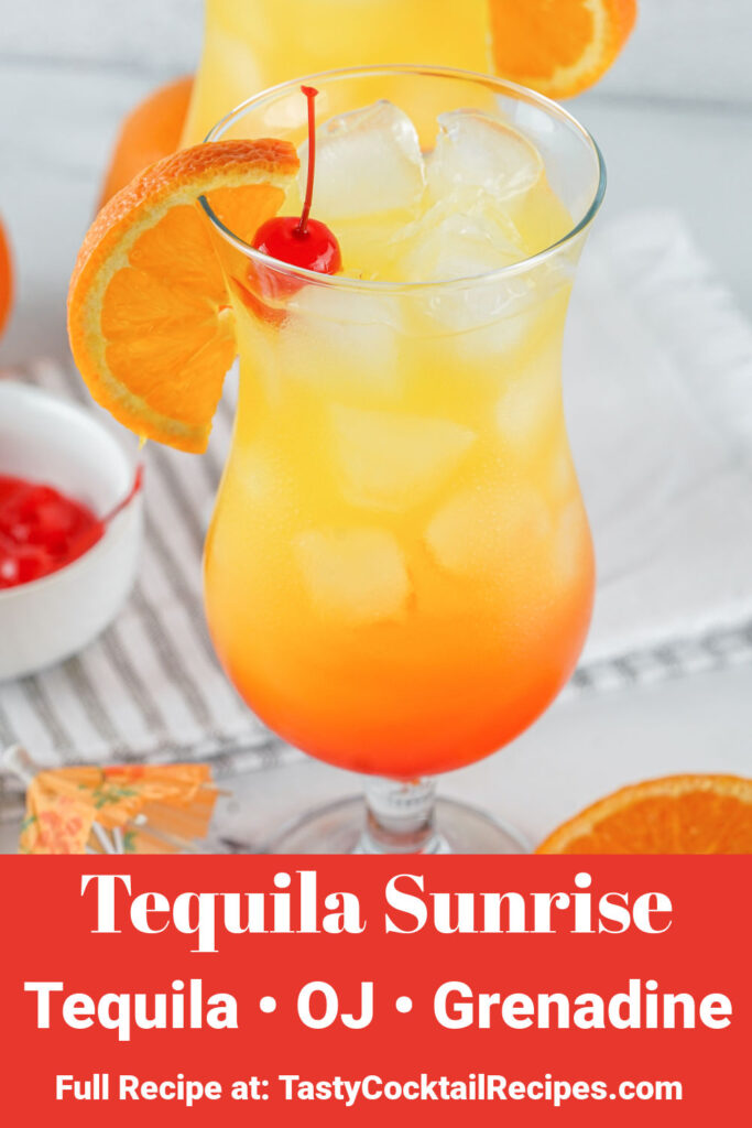 Tequila sunrise cocktail in hurricane glass, with text overlay of ingredients