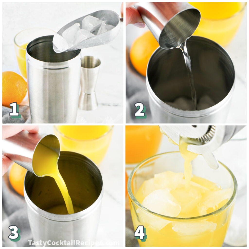 4 step photo collage showing how to make a fuzzy navel cocktail