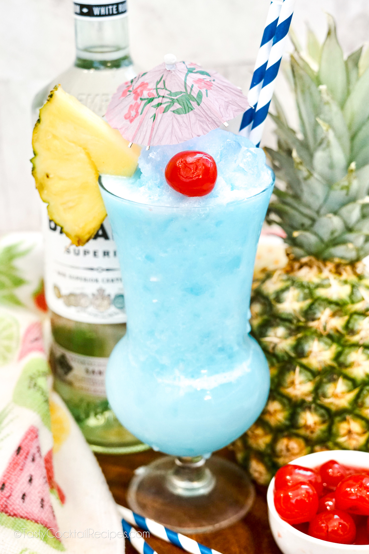 frozen Blue Hawaiian cocktail in hurricane glass