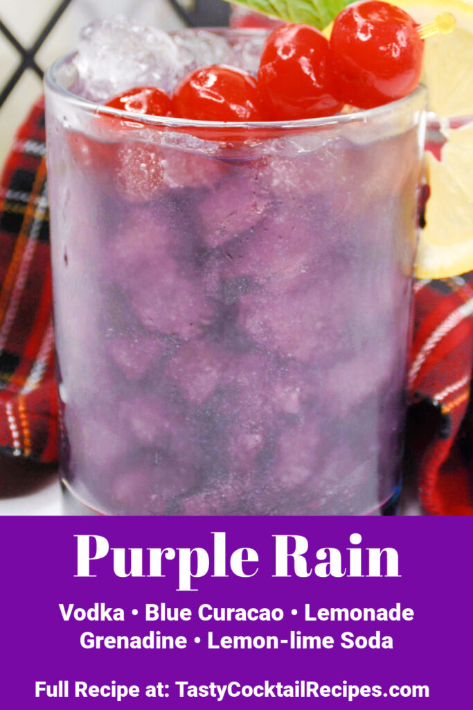 Purple Rain cocktail Pinterest image with text overlay of ingredients.