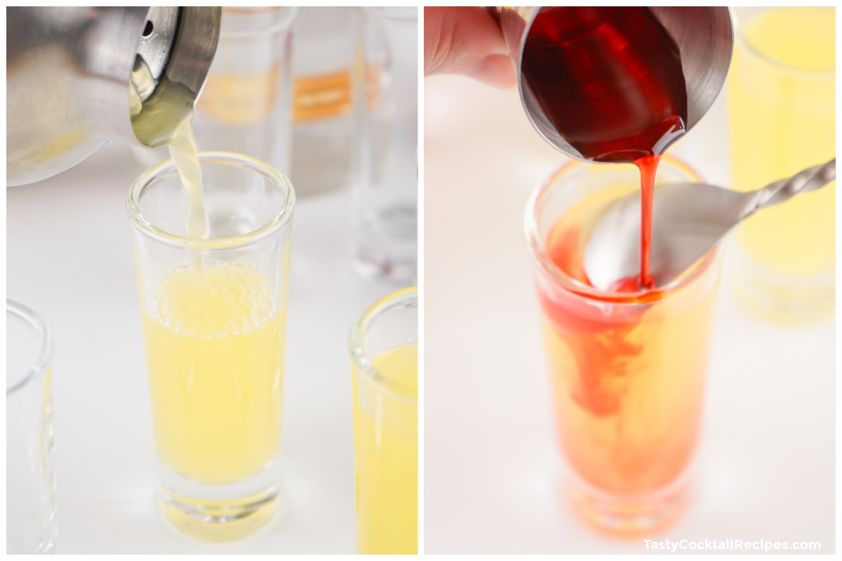2 photo collage showing how to make pineapple upside down cake shots.