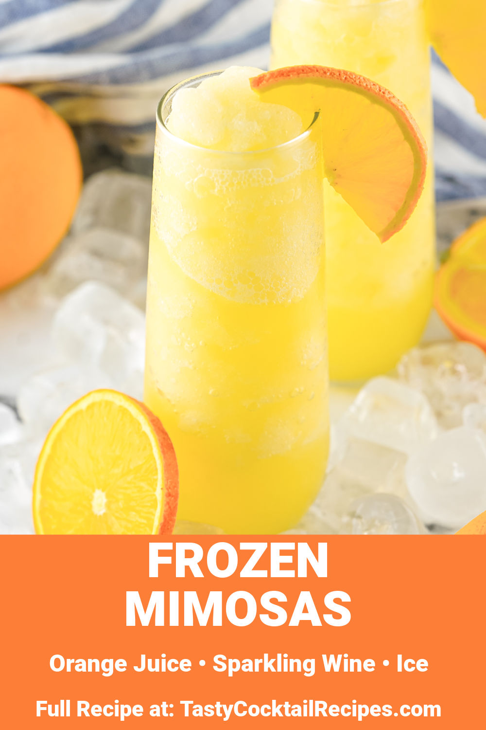 frozen mimosa recipe Pinterest image, with text overlay of ingredients.